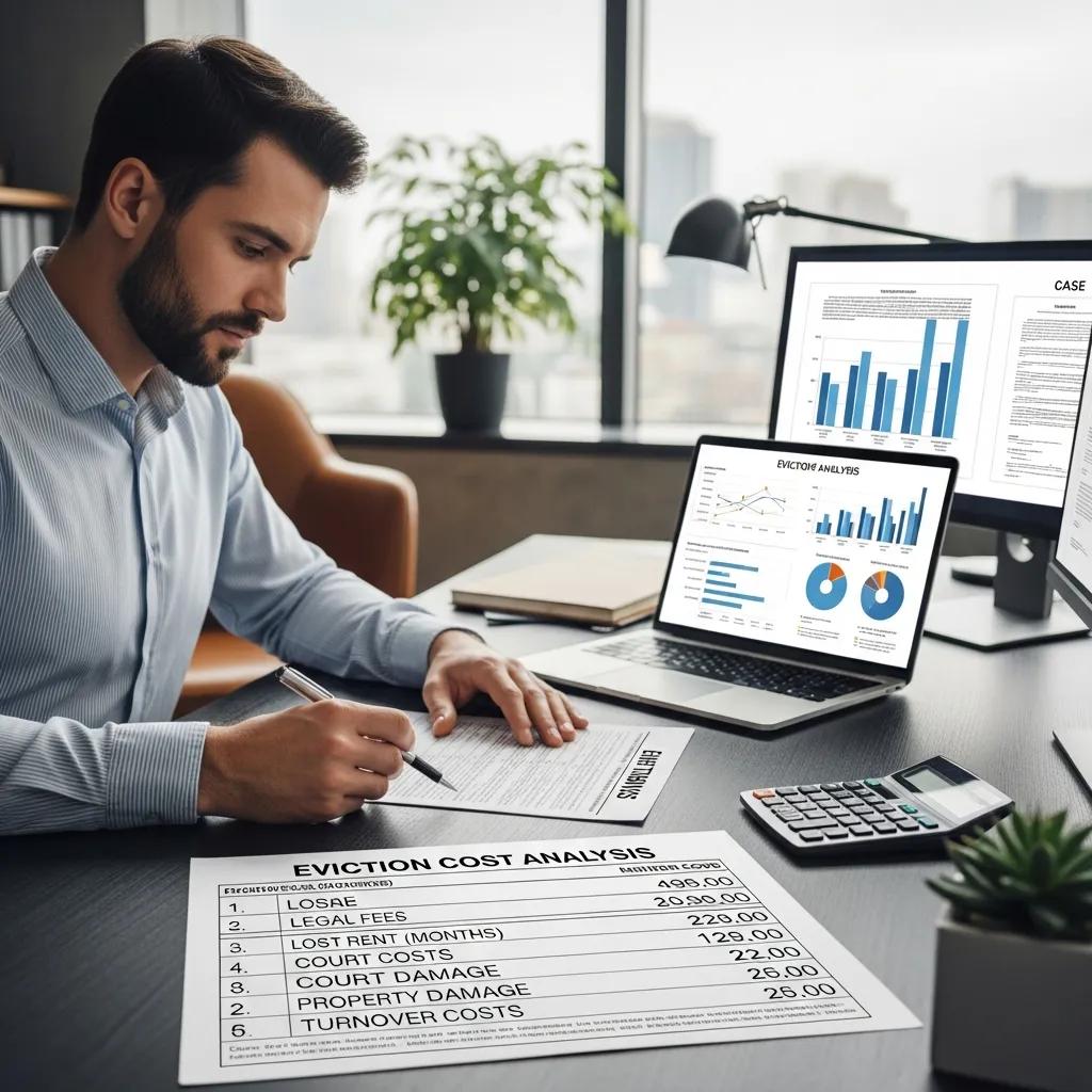 Investor reviewing financial documents showing eviction-related costs in an office