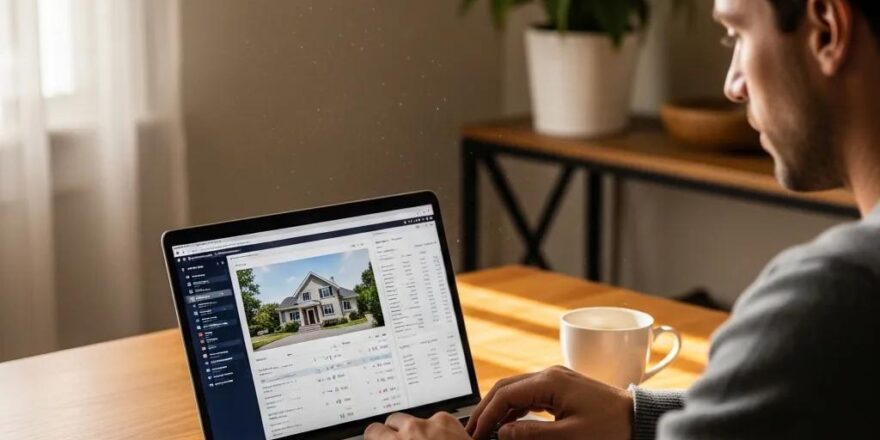 Real estate investor analyzing property data in a cozy home office