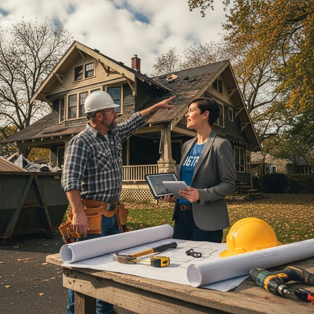 Investor and contractor reviewing a fix-and-flip plan supported by a hard money loan