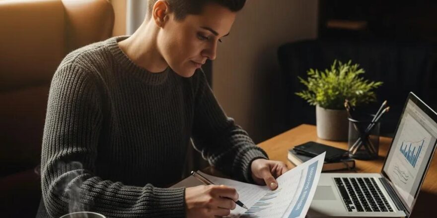 Real estate investor calculating debt-to-income ratio at a cozy desk