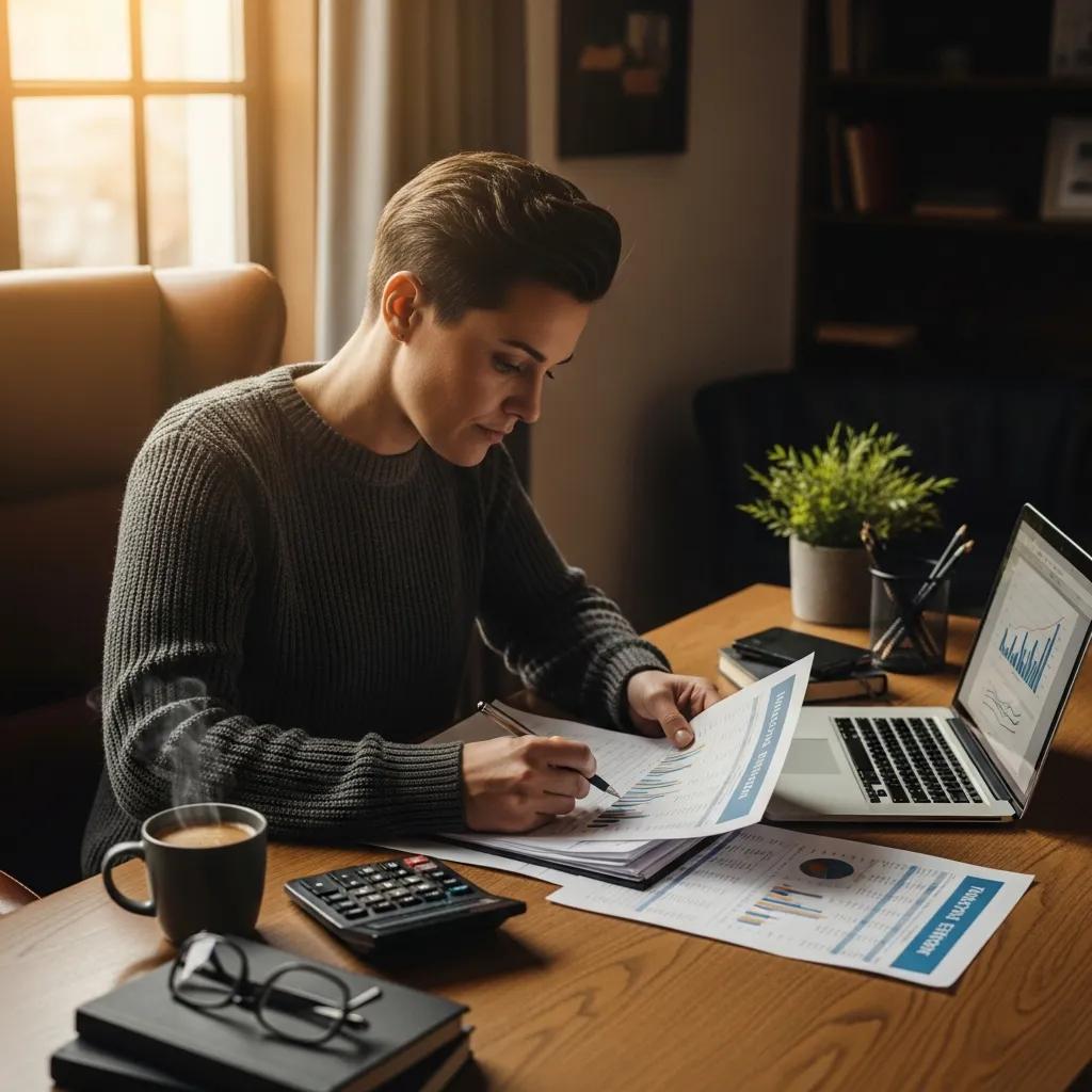 Real estate investor calculating debt-to-income ratio at a cozy desk