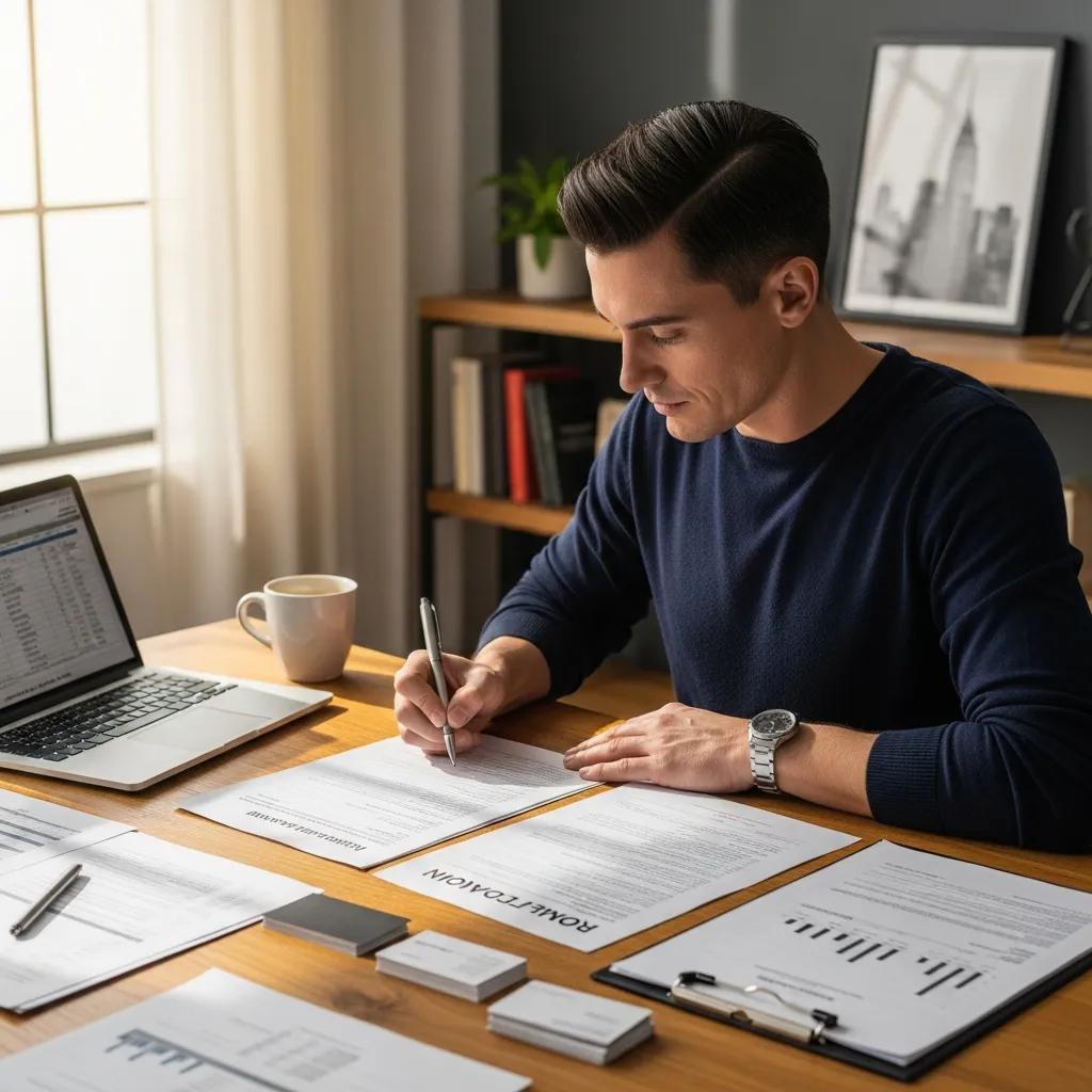 Investor reviewing bridge loan application paperwork and project plan