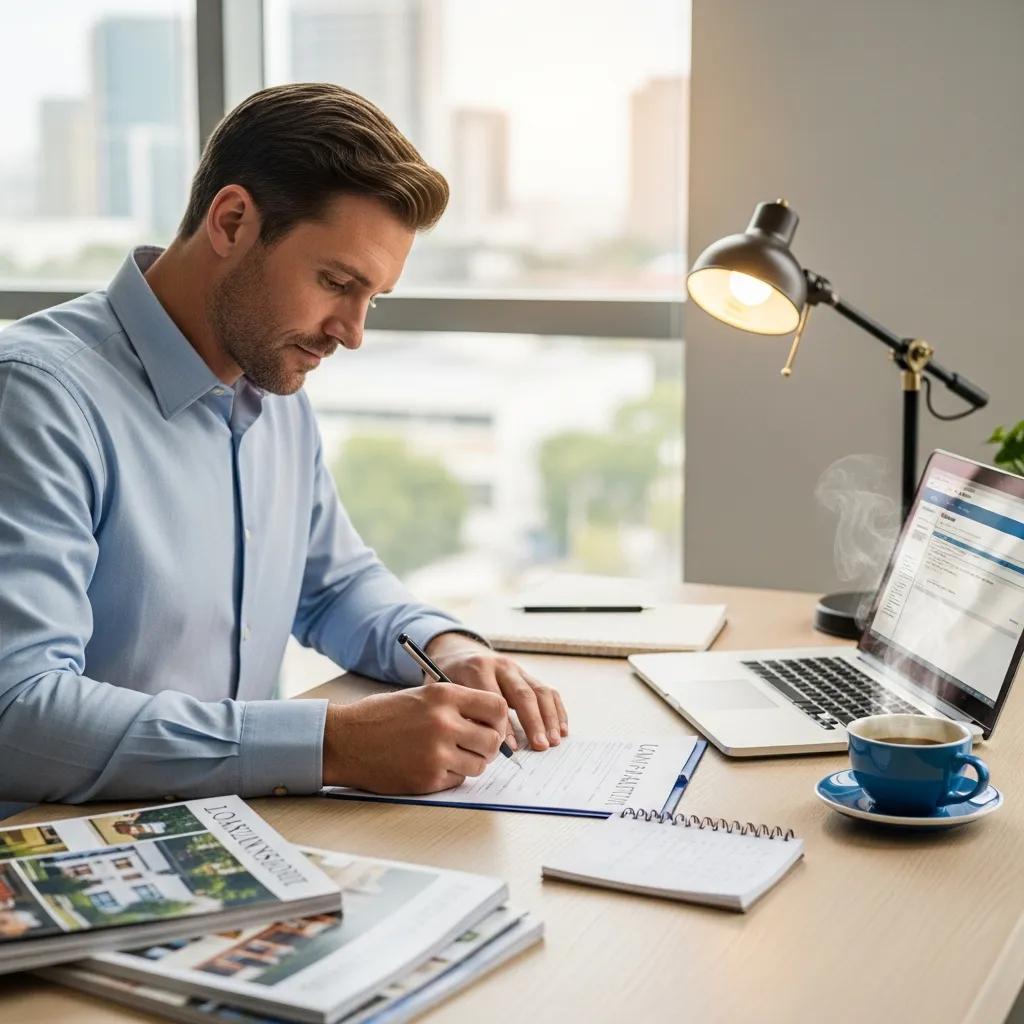 Investor completing loan paperwork with property brochures on desk