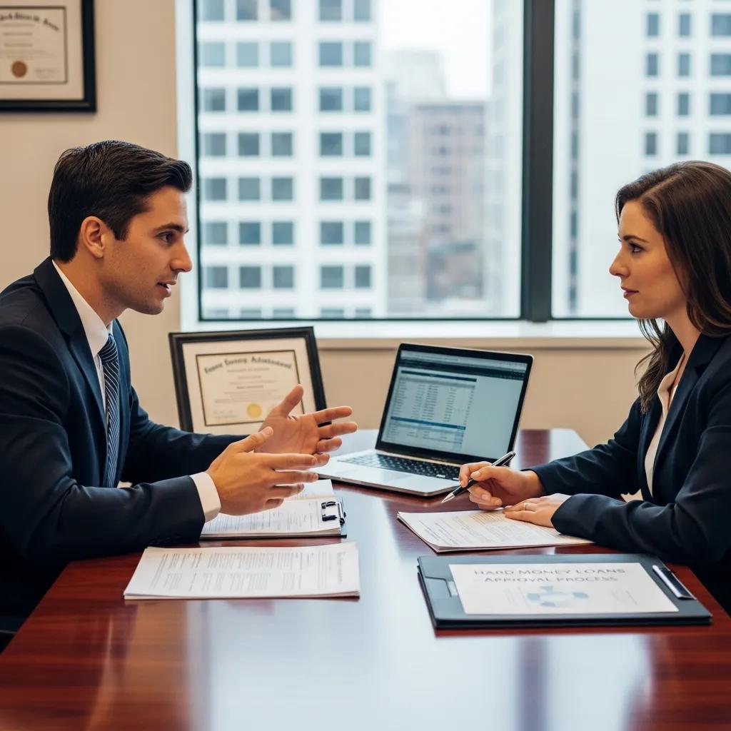 Investor meeting with a loan specialist to review hard money financing options in an office