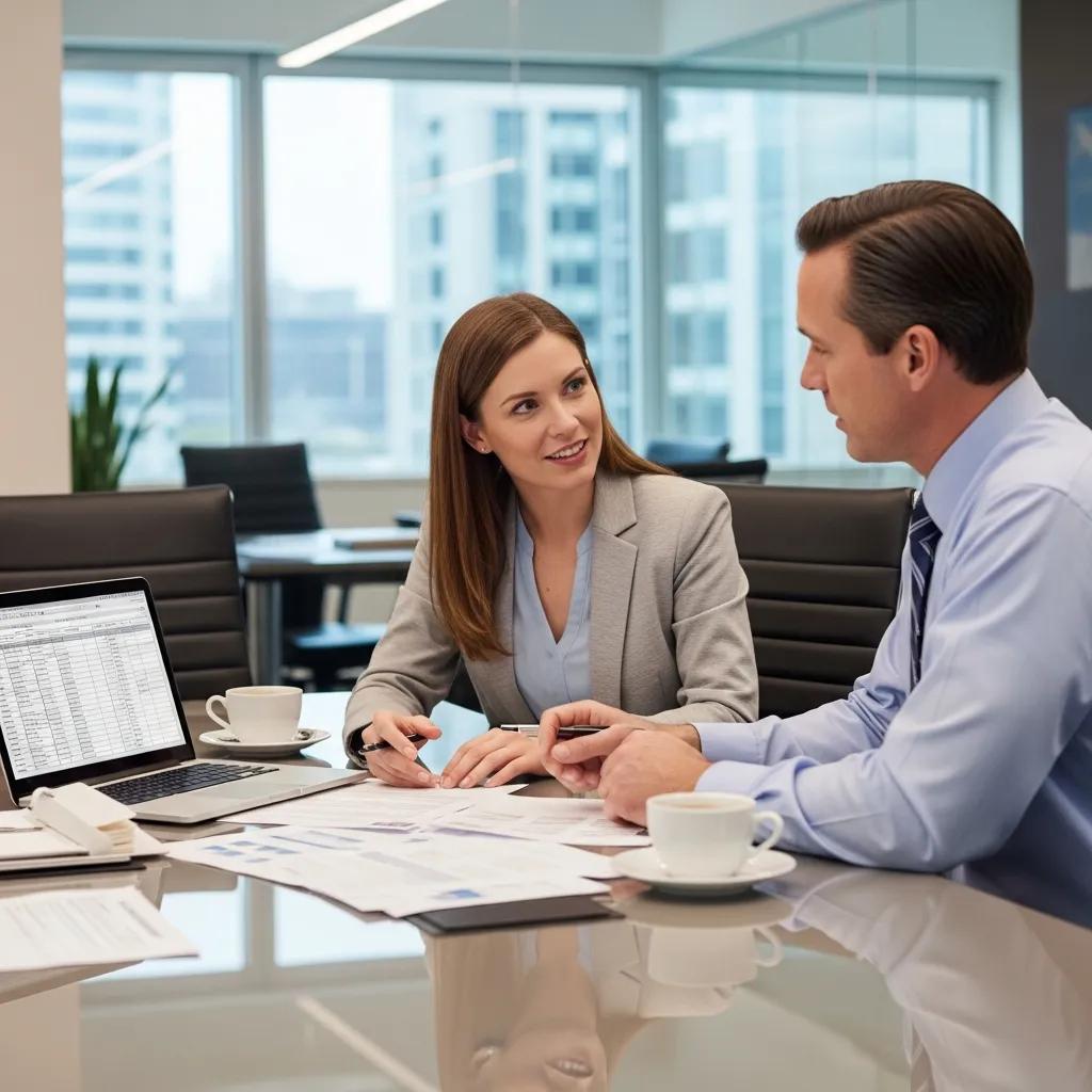 Investor and lender reviewing closing costs in an office