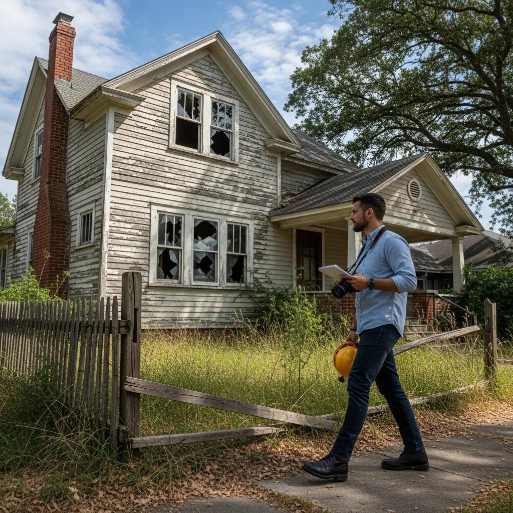 Investor inspecting a distressed property as a potential opportunity