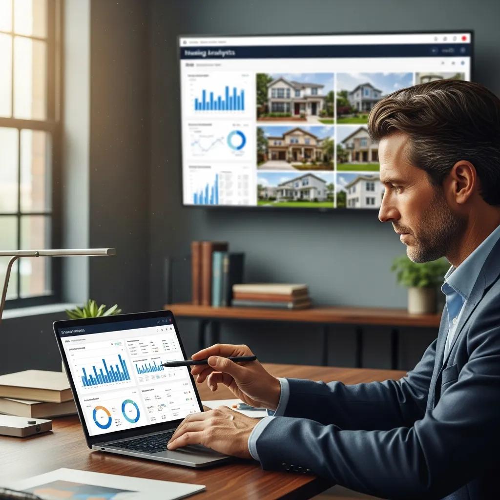Investor reviewing property listings and market data in a modern office