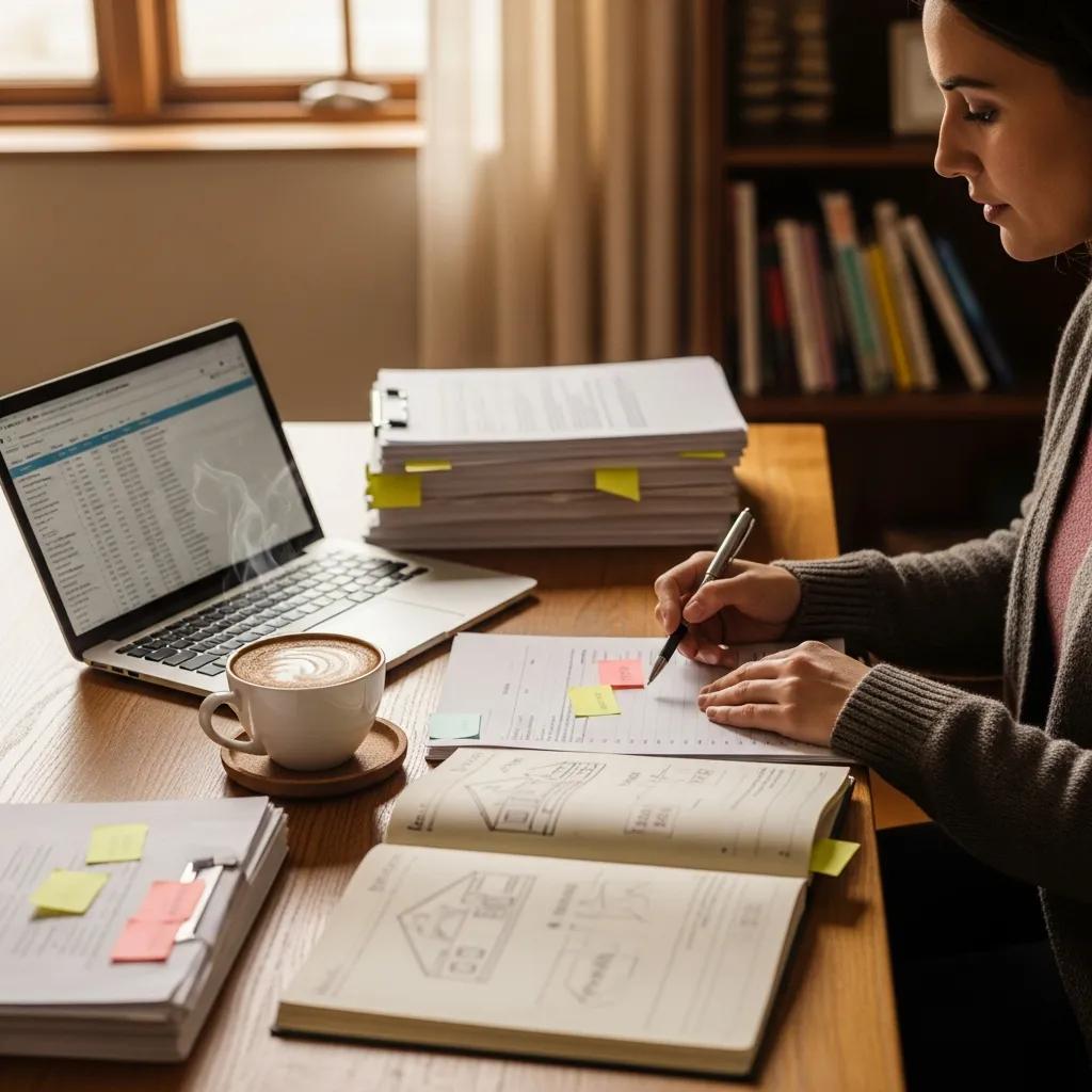 Real estate investor in a cozy home office reviewing documents related to hard money lending