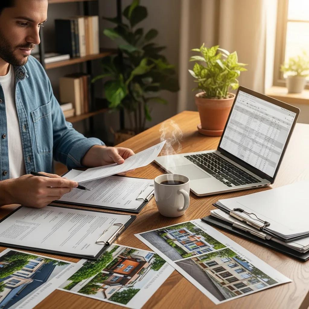 Real estate investor in a cozy home office reviewing documents related to hard money loans