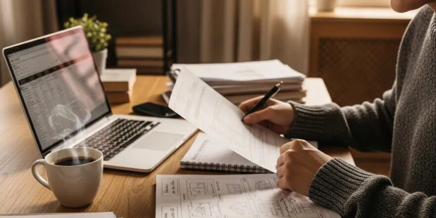 Real estate investor in a cozy home office reviewing documents related to hard money loans