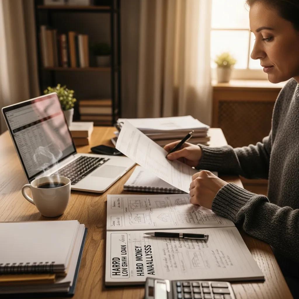 Real estate investor in a cozy home office reviewing documents related to hard money loans
