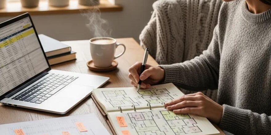 Real estate investor in a cozy home office reviewing financing options for property investments