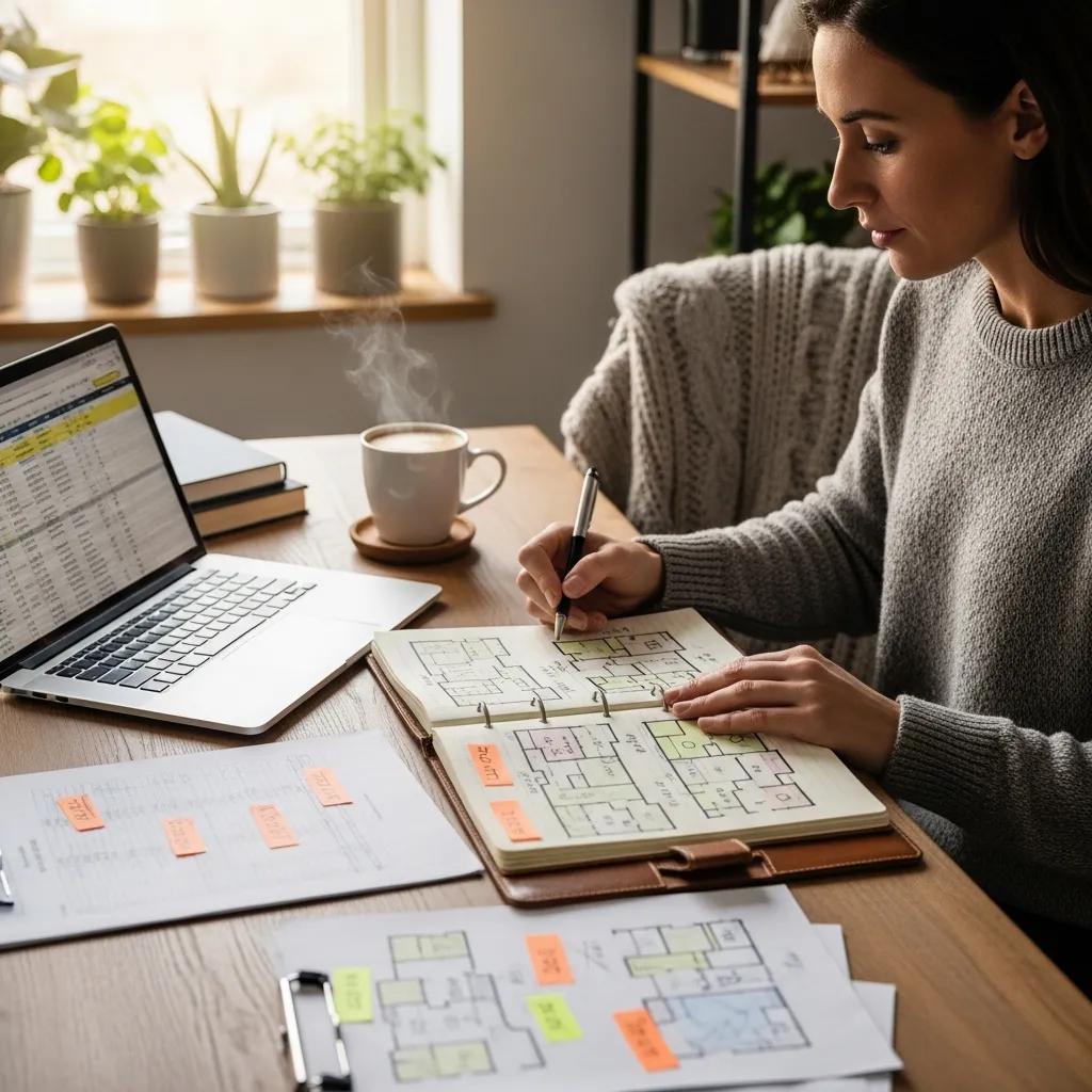 Real estate investor in a cozy home office reviewing financing options for property investments