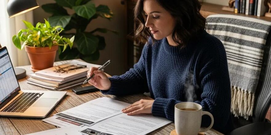 Real estate investor in a cozy home office reviewing hard money lending documents