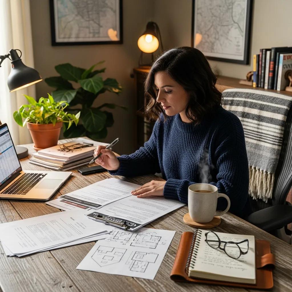 Real estate investor in a cozy home office reviewing hard money lending documents