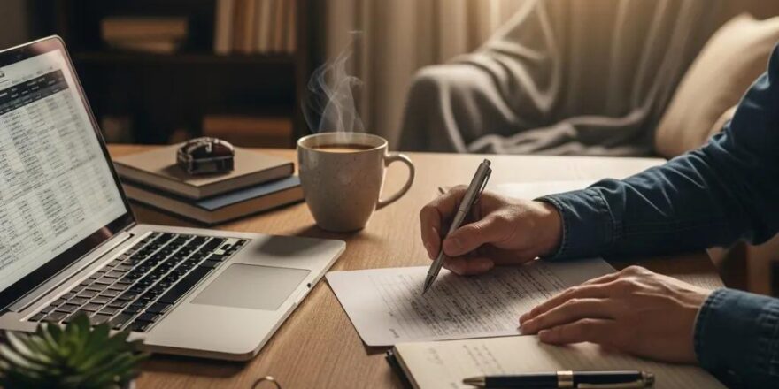 Real estate investor in a cozy home office reviewing hard money lending documents