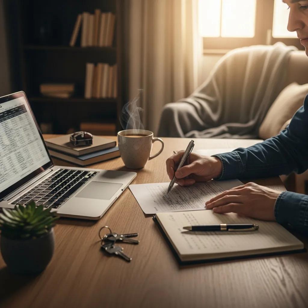 Real estate investor in a cozy home office reviewing hard money lending documents