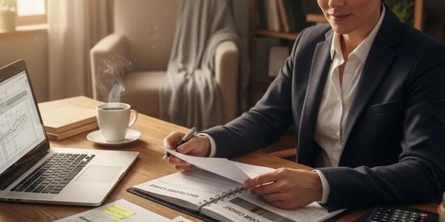 Real estate investor in a cozy home office reviewing hard money loan documents