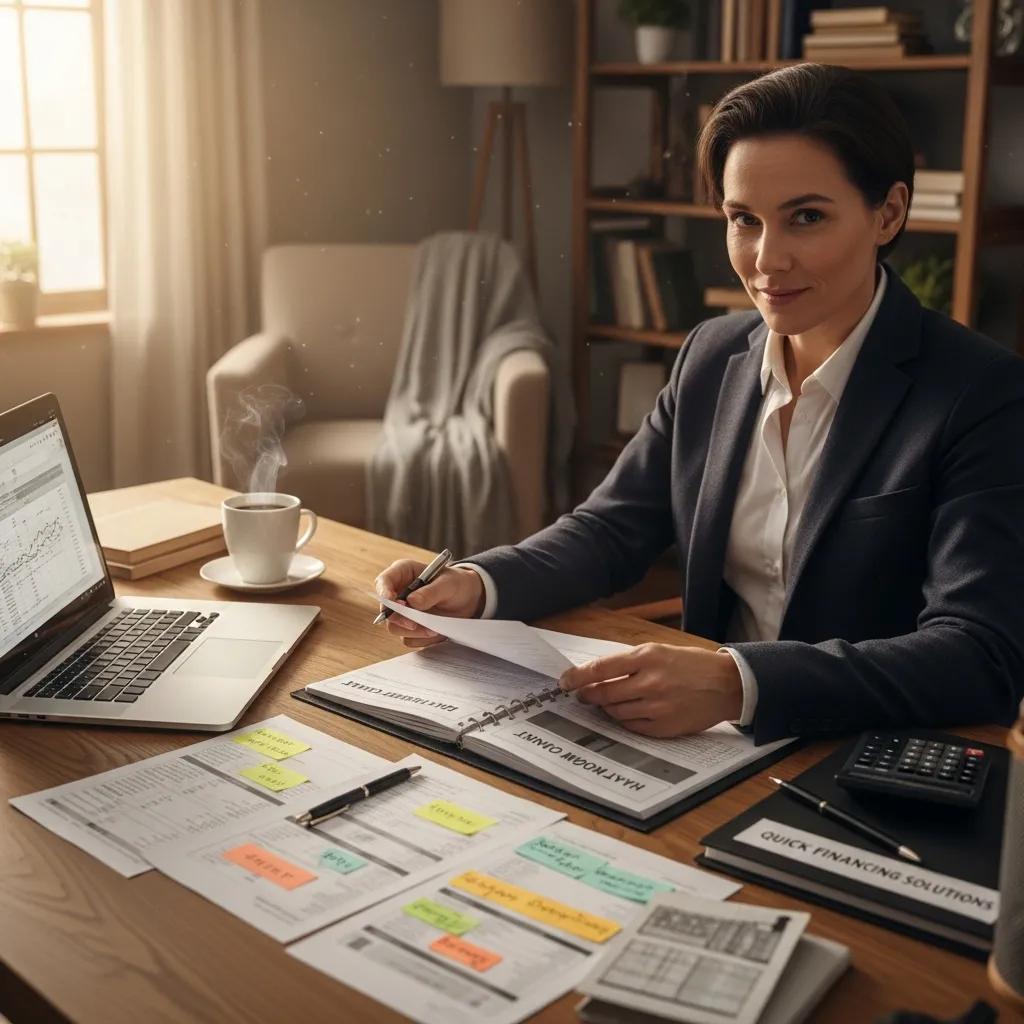 Real estate investor in a cozy home office reviewing hard money loan documents