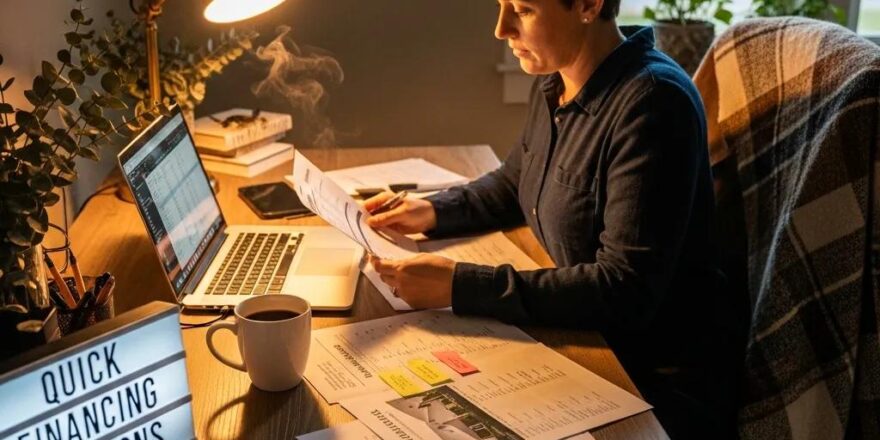 Real estate investor in a cozy home office reviewing hard money loan documents