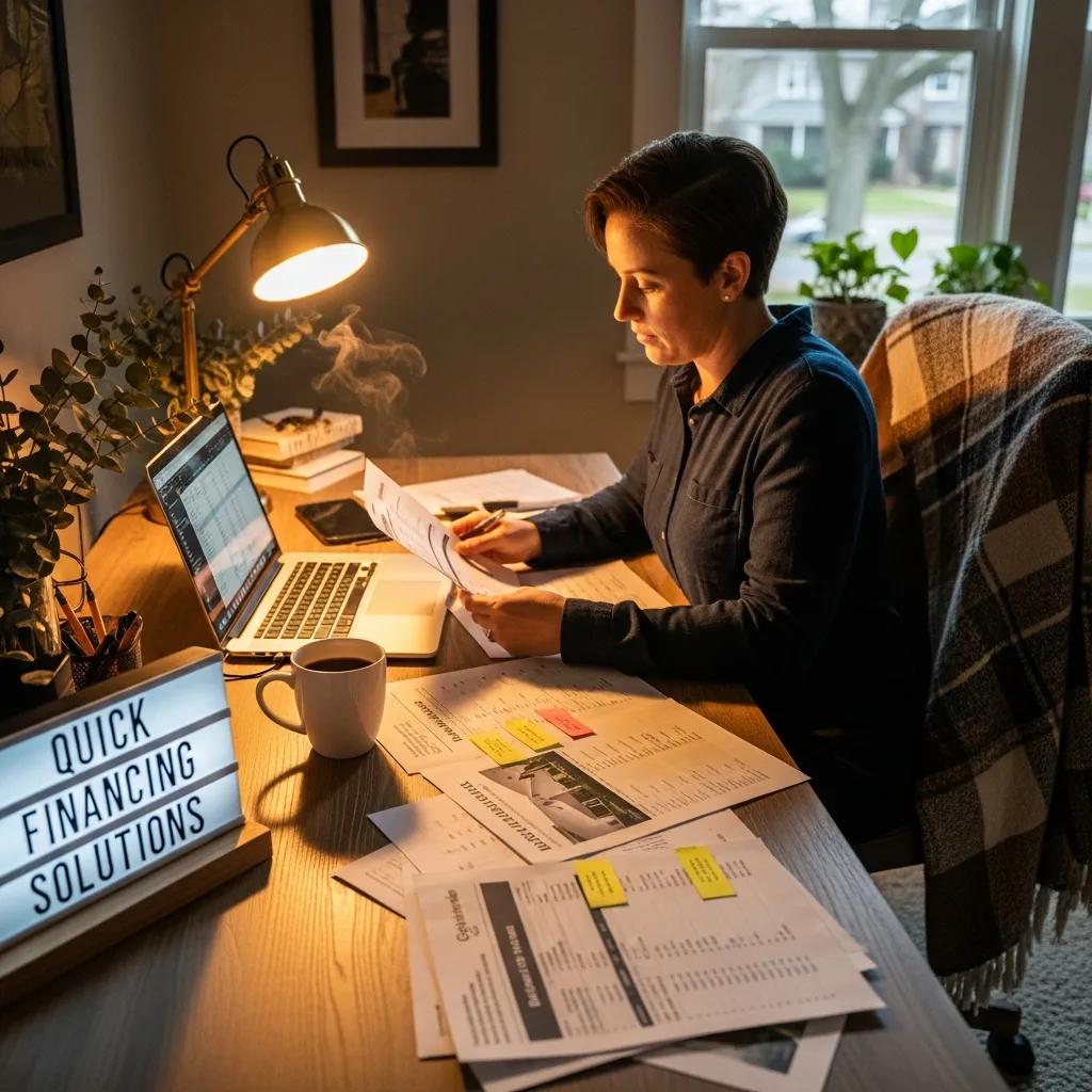 Real estate investor in a cozy home office reviewing hard money loan documents