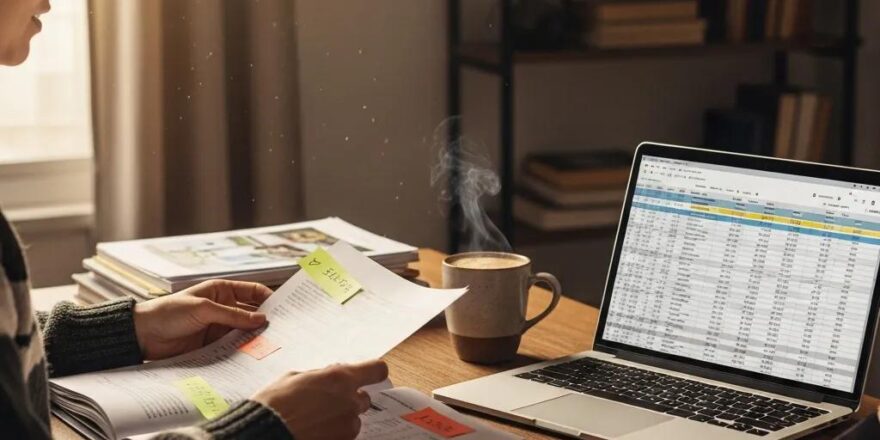 Real estate investor in a cozy home office reviewing hard money loan documents