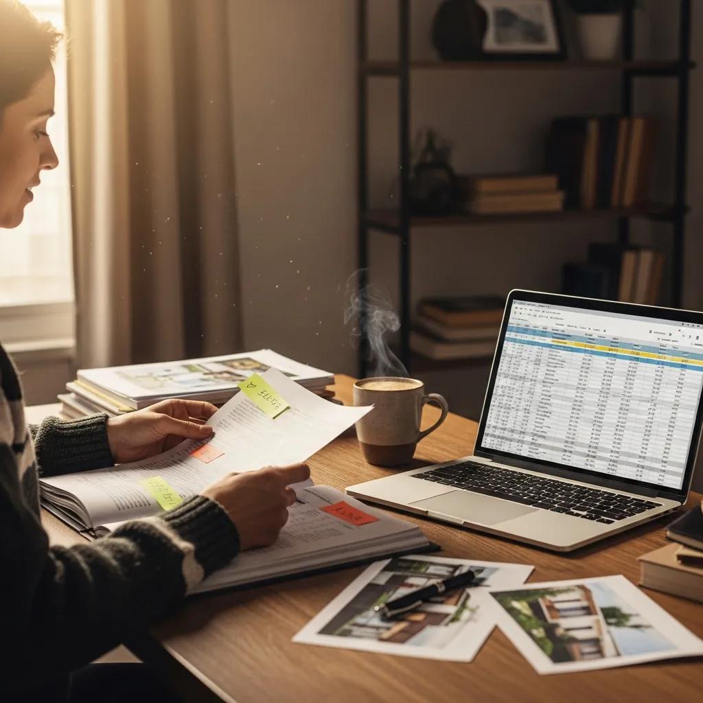 Real estate investor in a cozy home office reviewing hard money loan documents