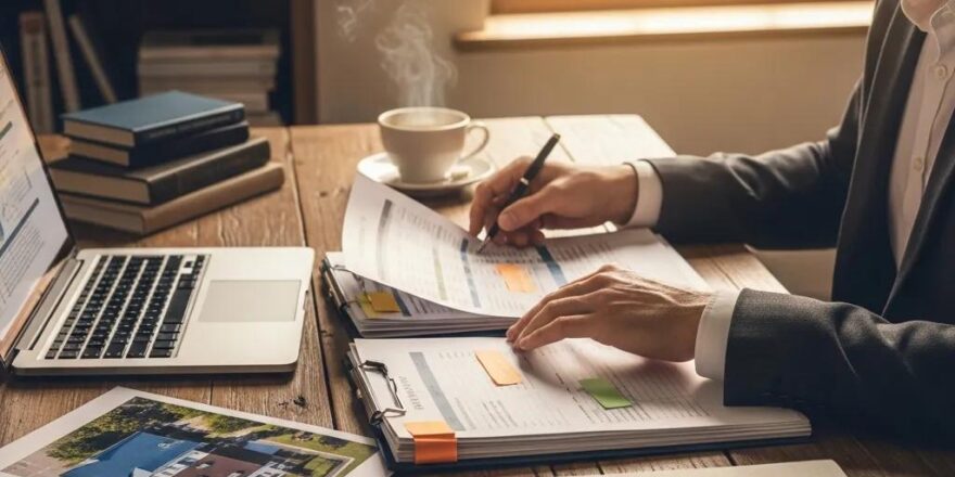 Real estate investor in a cozy home office reviewing hard money loan documents