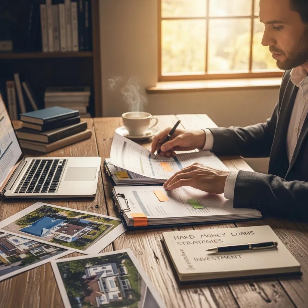 Real estate investor in a cozy home office reviewing hard money loan documents