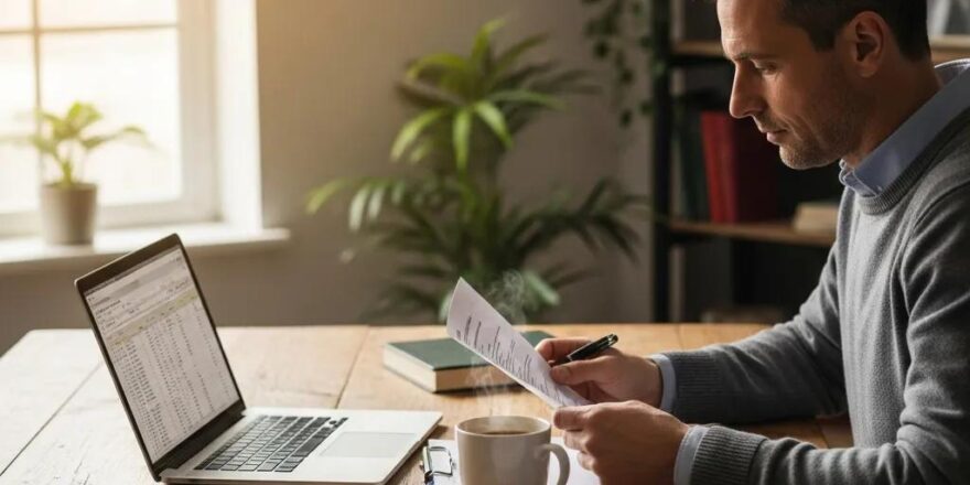 Real estate investor in a cozy home office reviewing hard money loan options