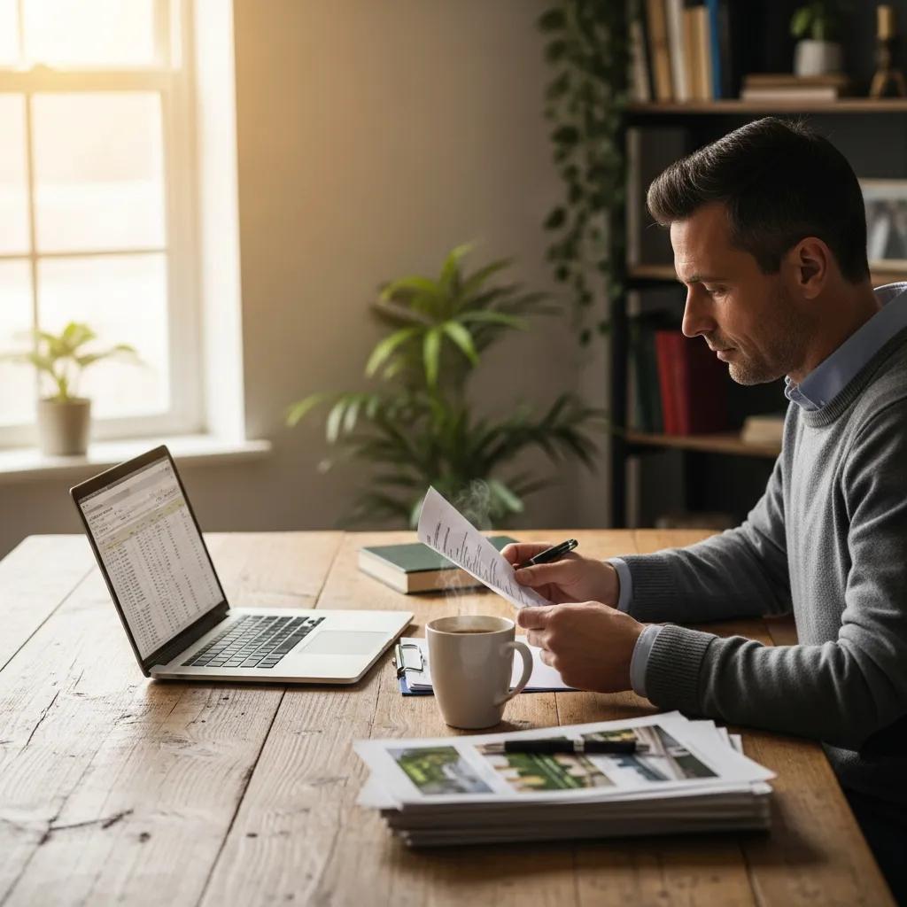 Real estate investor in a cozy home office reviewing hard money loan options