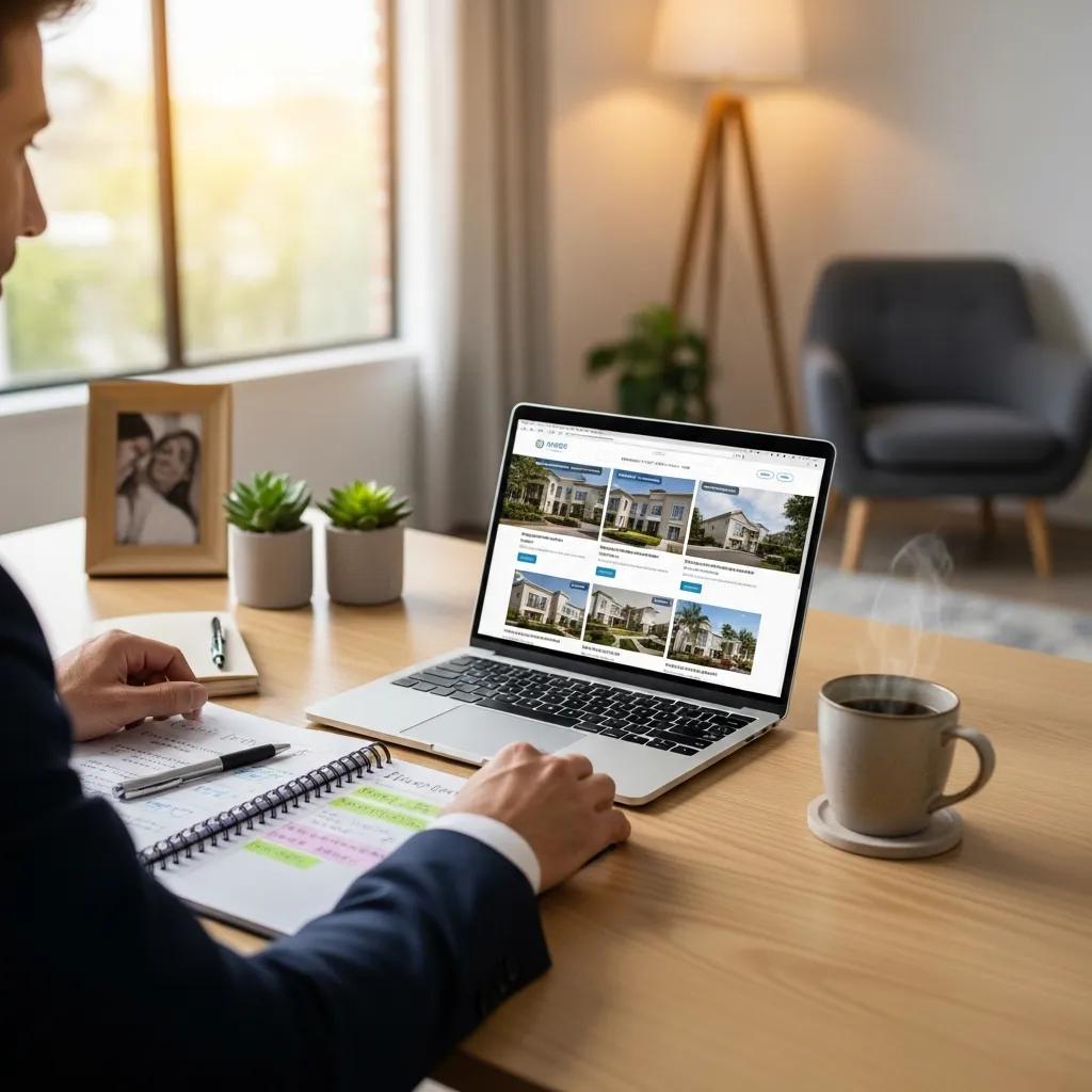 Real estate investor in a cozy home office reviewing listings with a laptop and coffee