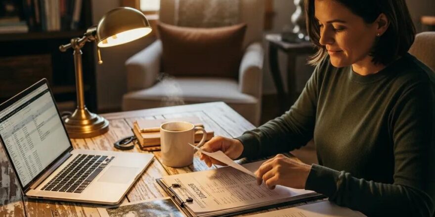 Real estate investor in a cozy home office reviewing loan documents and property images