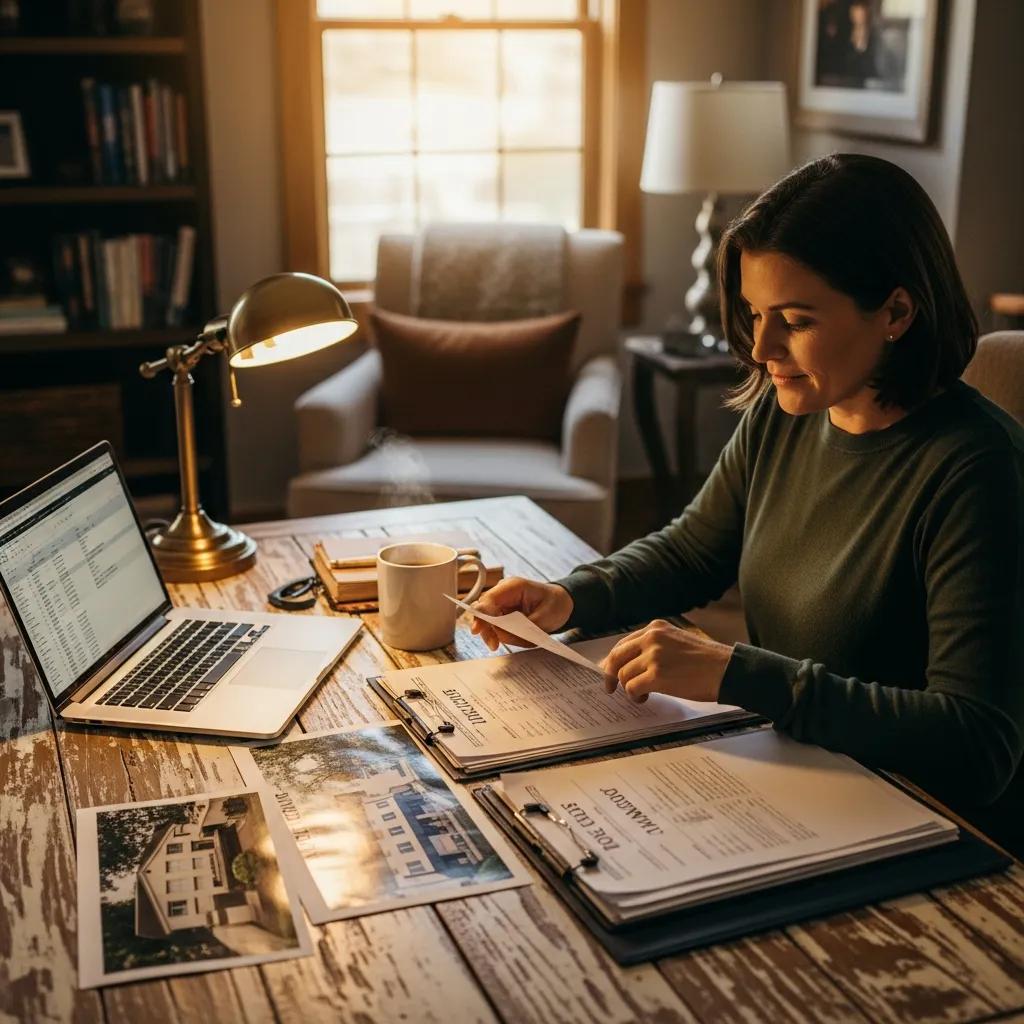 Real estate investor in a cozy home office reviewing loan documents and property images