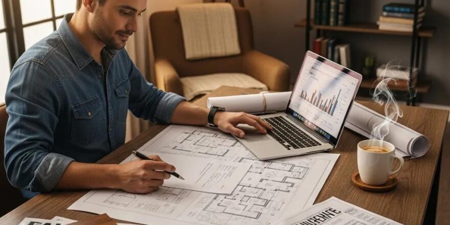 Real estate investor in a cozy home office reviewing plans for fix and flip loans