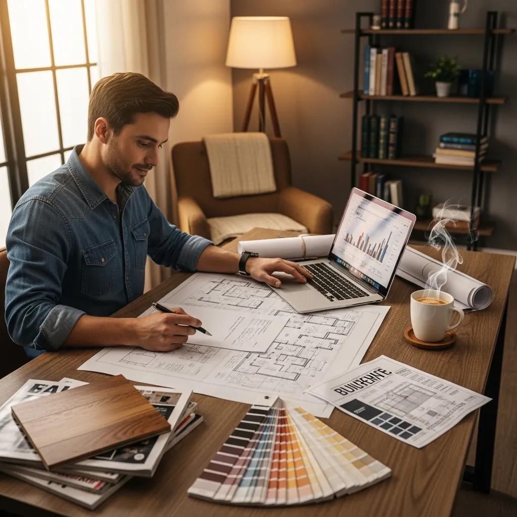 Real estate investor in a cozy home office reviewing plans for fix and flip loans