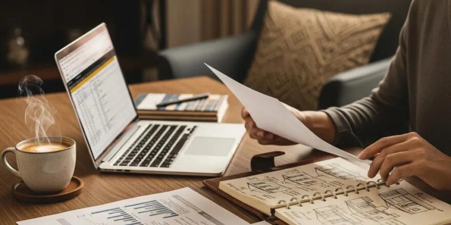 Real estate investor in a cozy home office reviewing property documents