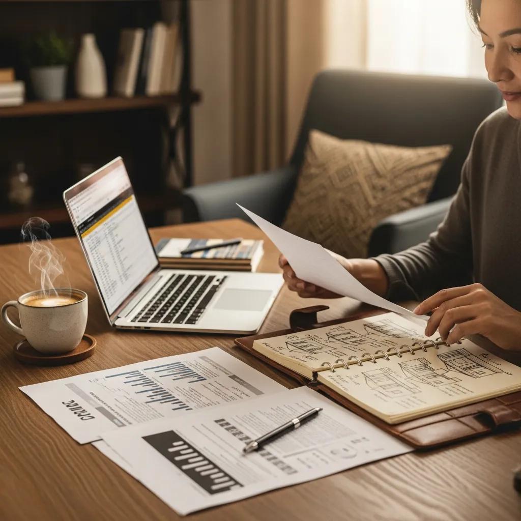 Real estate investor in a cozy home office reviewing property documents