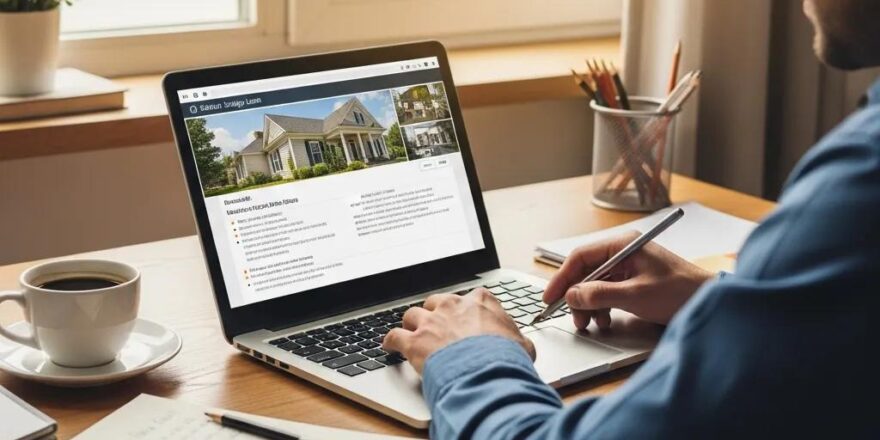 Real estate investor in a cozy home office reviewing property listings with a laptop and coffee