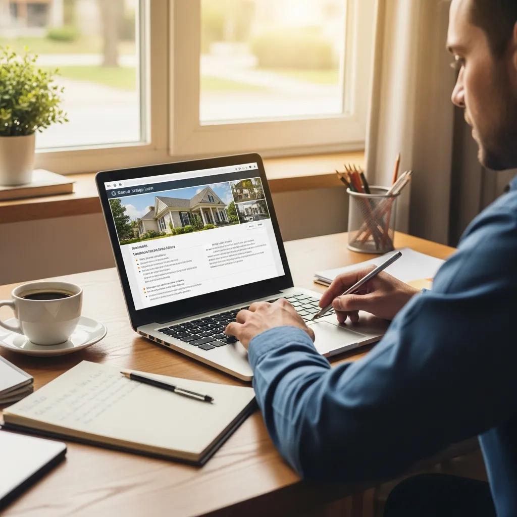 Real estate investor in a cozy home office reviewing property listings with a laptop and coffee