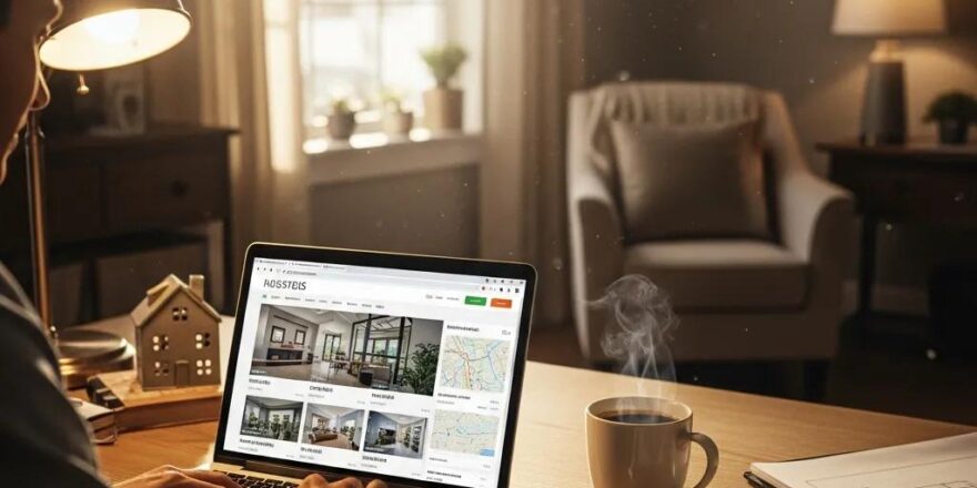 Real estate investor in a cozy home office reviewing property listings with a laptop and coffee