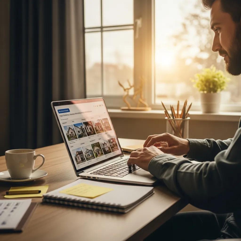 Real estate investor in a cozy home office reviewing property listings with a laptop and coffee