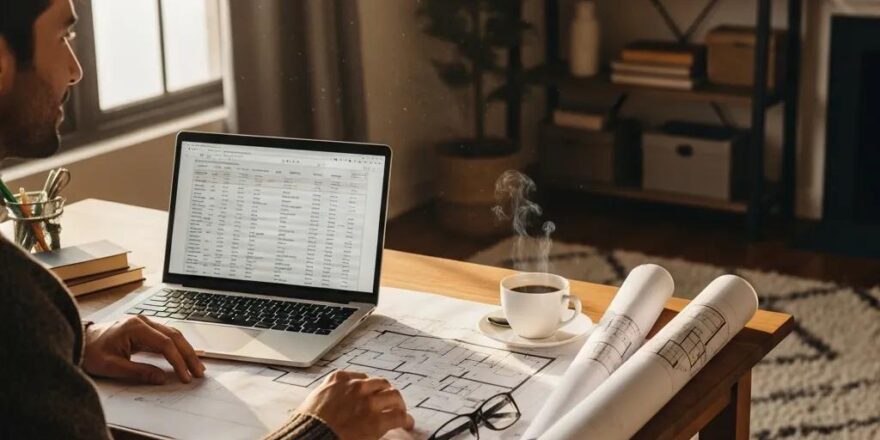 Real estate investor in a cozy home office reviewing property plans