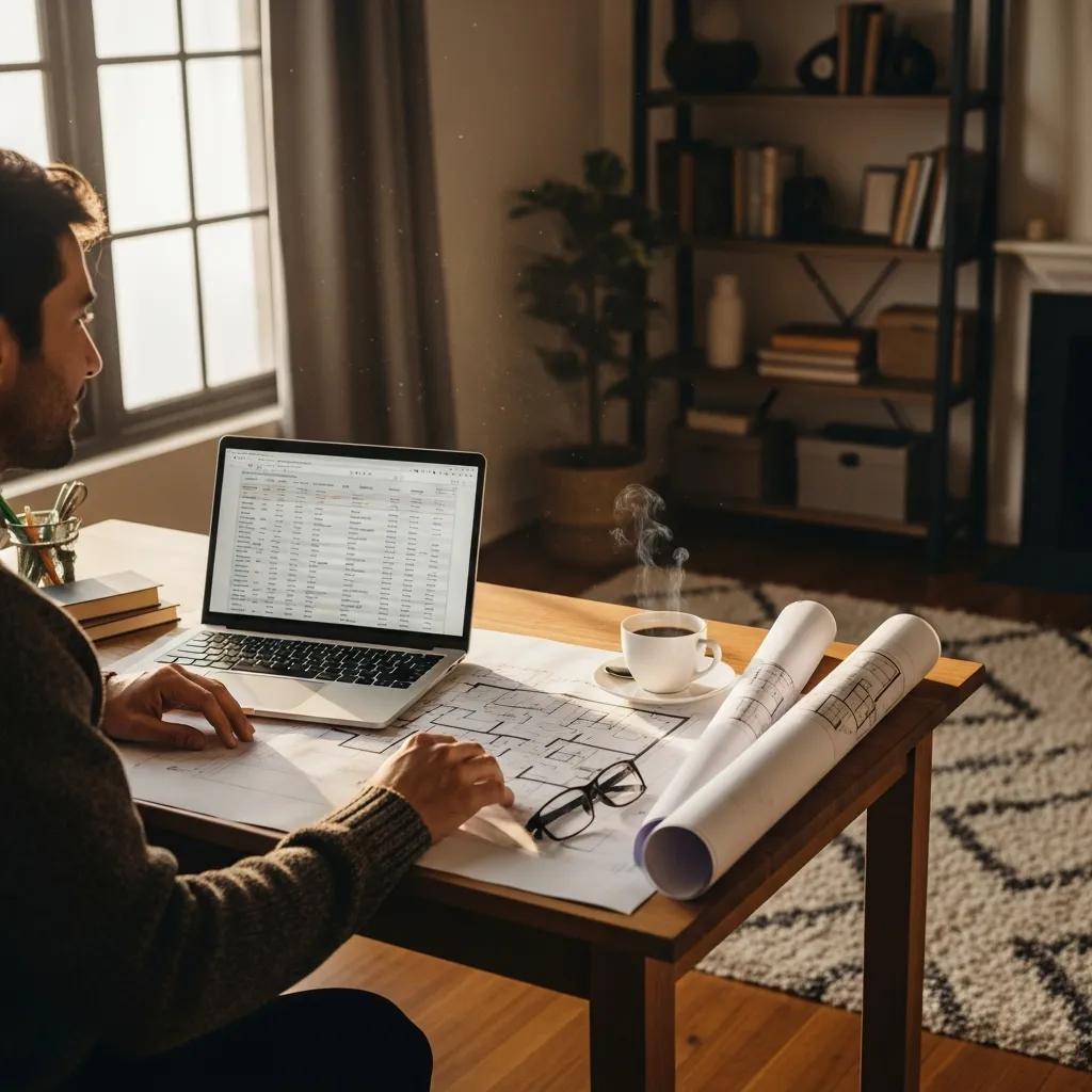Real estate investor in a cozy home office reviewing property plans
