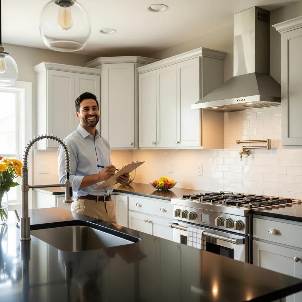 Investor inspecting a renovated kitchen during a fix-and-flip project