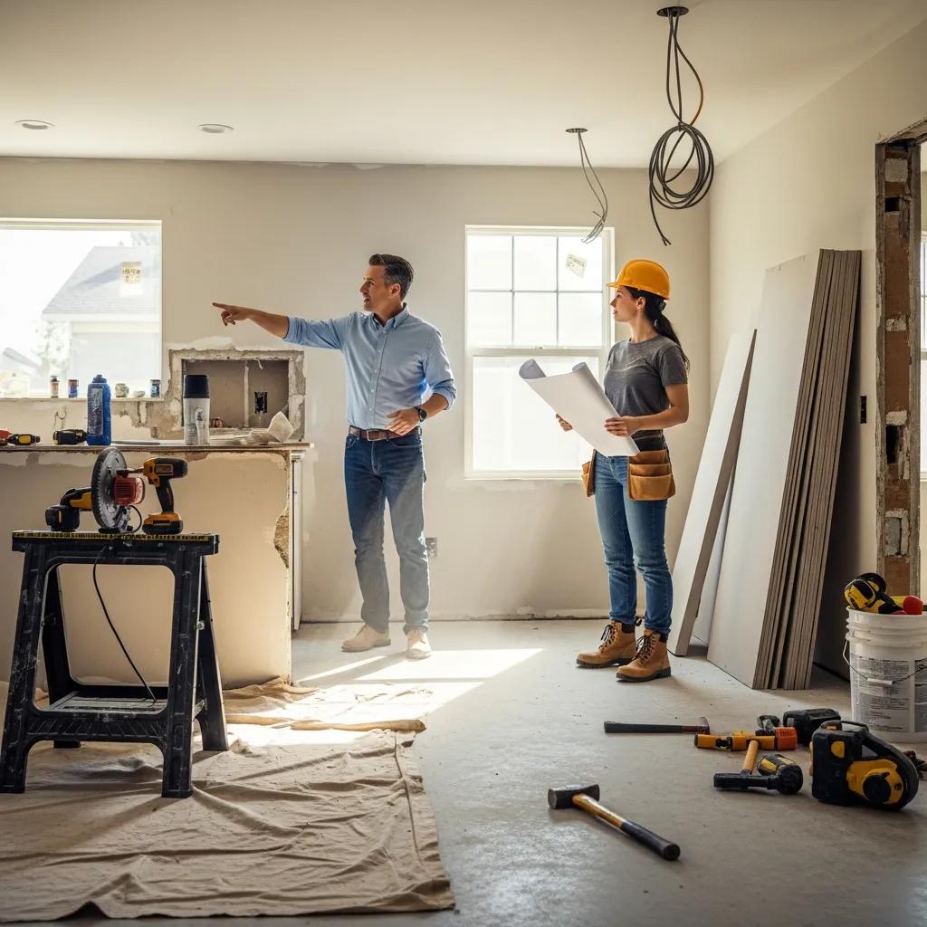 Investor and contractor reviewing renovation plans on site, illustrating fix-and-flip financing