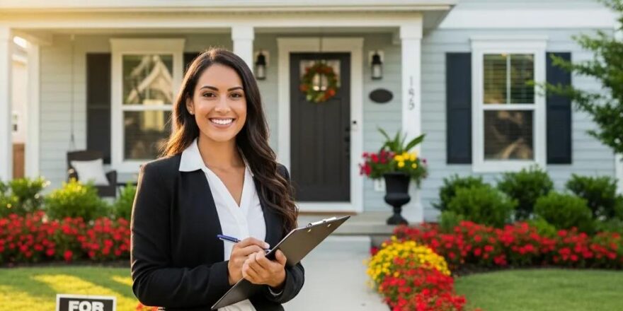 Real estate investor inspecting a well-maintained property with a clipboard in hand