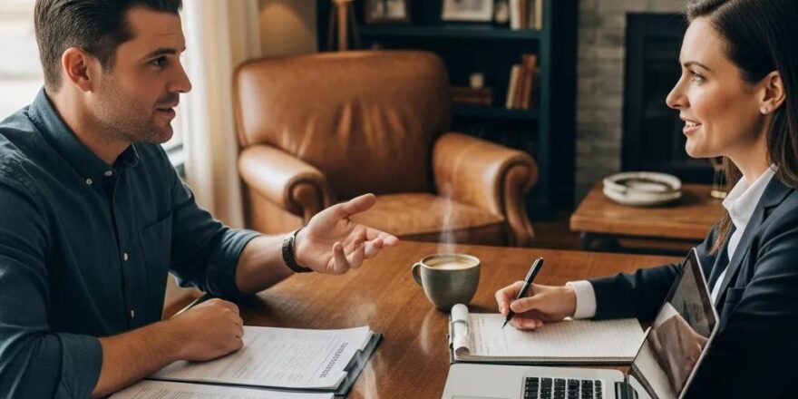 Real estate investor meeting with a lender about hard money loans in a cozy office