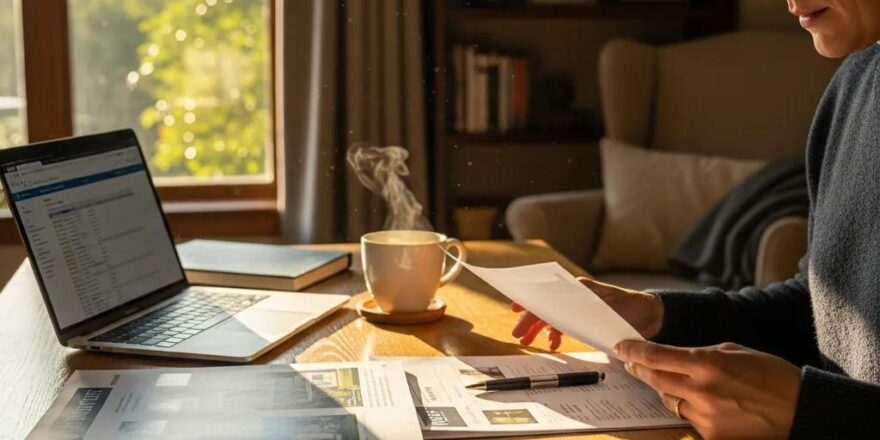 Real estate investor reviewing documents in a cozy home office