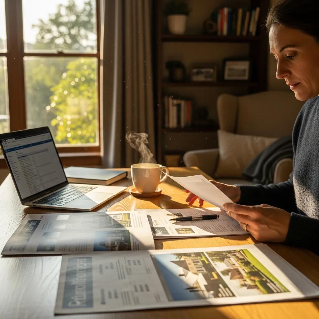 Real estate investor reviewing documents in a cozy home office